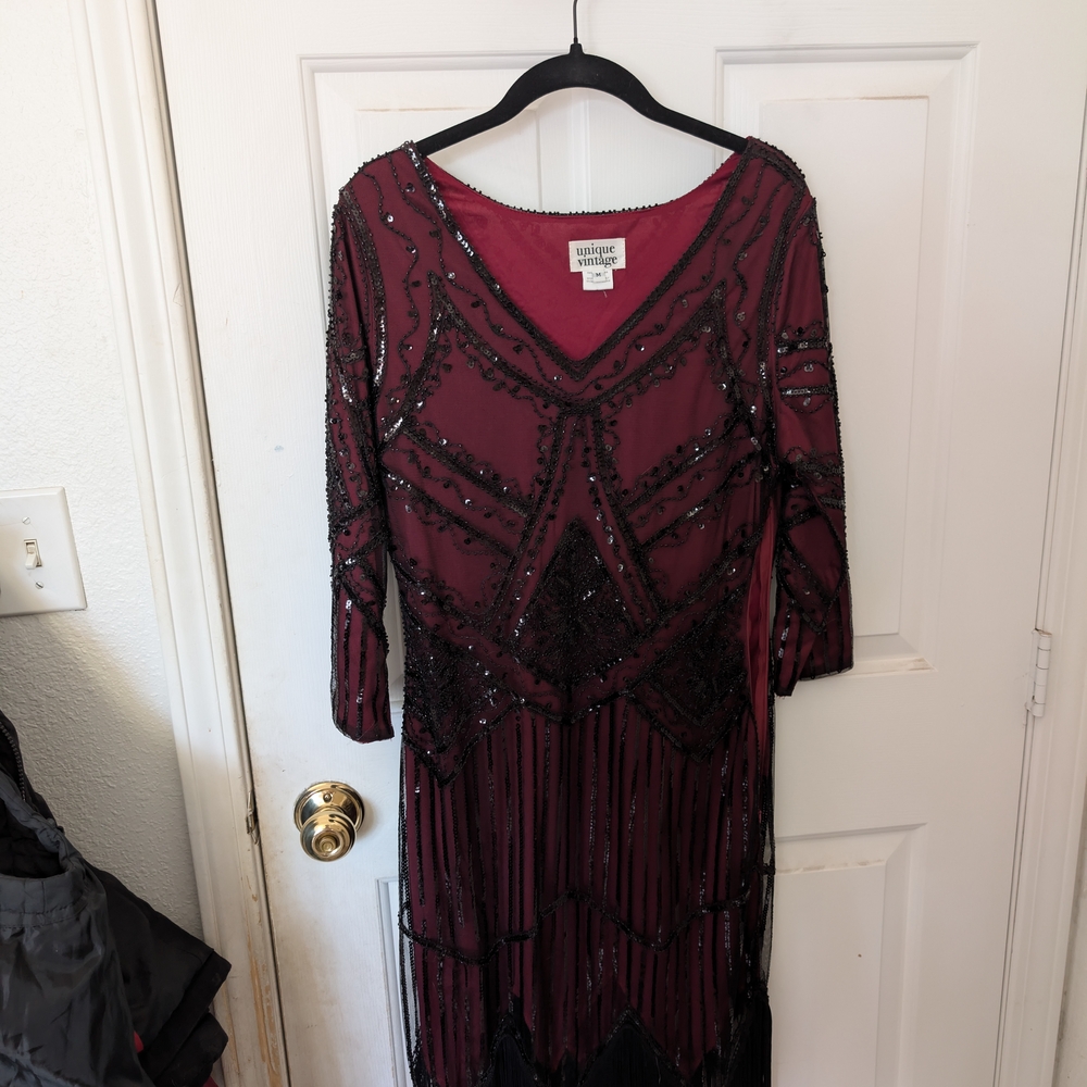 Unique Vintage Red and Black V-Neck Gown